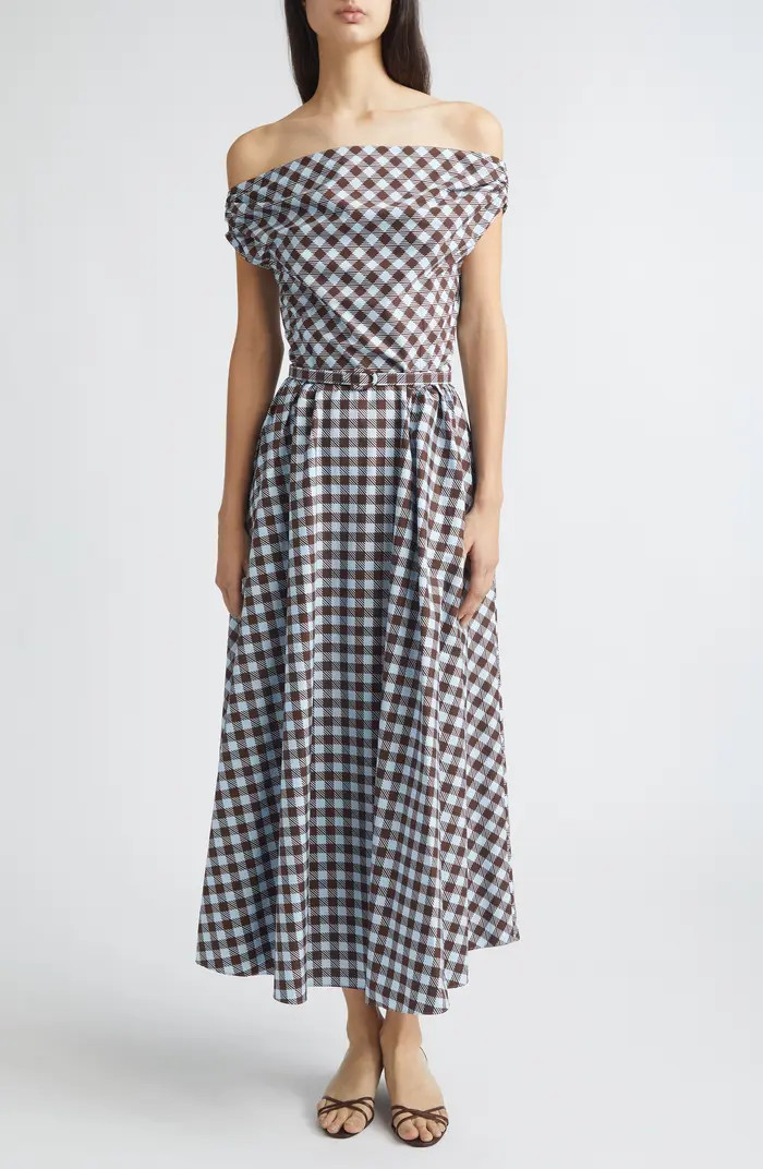Oscar de la Renta Gingham Print Cotton Stretch Poplin Off the Shoulder Dress | Nordstrom | Nordstrom