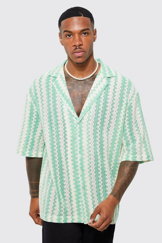 Short Sleeve Drop Revere Zig Zag Open Weave Shirt | boohooMAN (US & Canada)