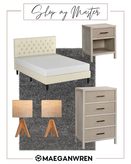 Shop my master bedroom, furniture, bed frame, queen bed, tufted, pacific view saucer nightstand, chest of drawers, beige, neutral, charcoal area rug, lamps, bedside lamp, Amazon finds, home decor, affordable lifestyle 

#LTKstyletip #LTKhome #LTKfamily