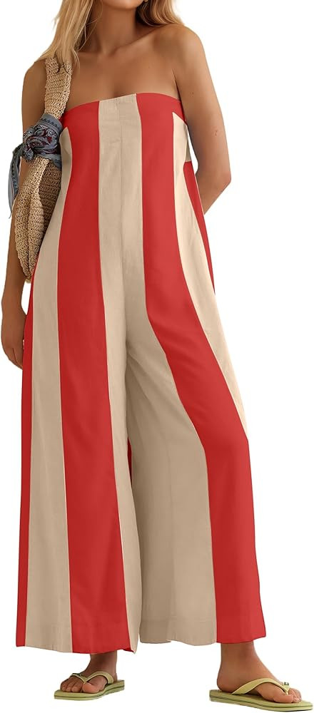 Ythomm Womens Striped Wide Leg Jumpsuits Boho Strapless Long Romper Off Shoulder Summer Jumpsuits... | Amazon (US)