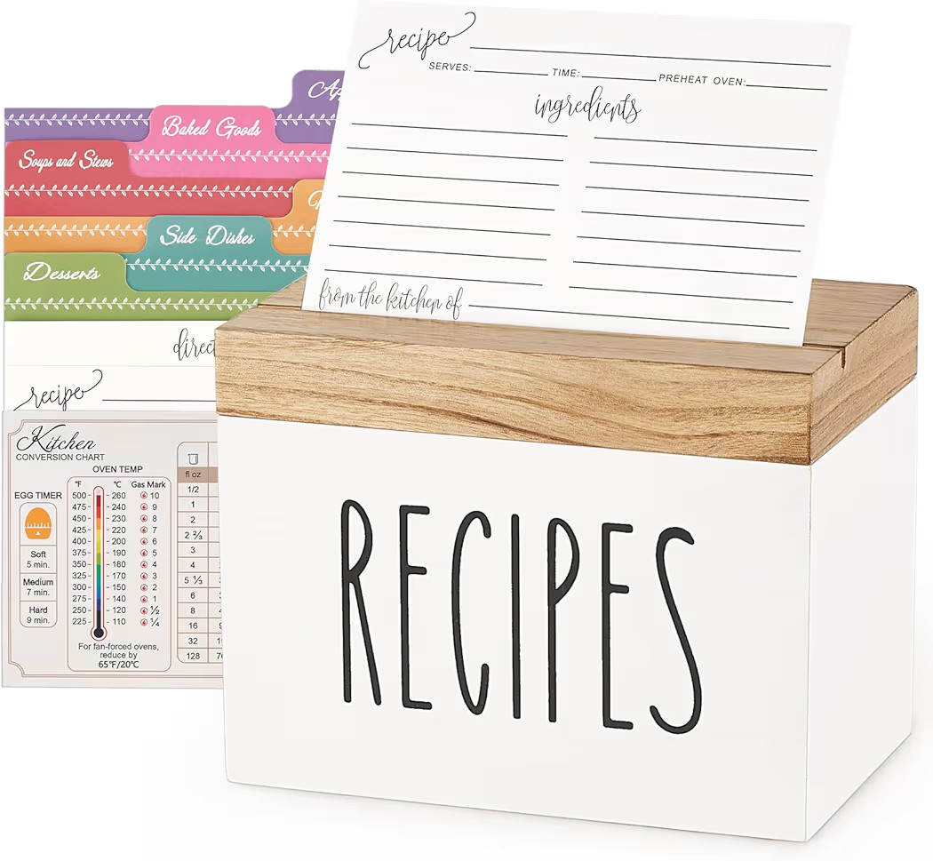 Dahey Wooden Recipe Box White Recipe Organizer with 100 Recipe Cards and 6 Dividers, Recipe Card Holder Box Set with Brown Lid and Slots for Bridal Showers Weddings Cooking Lover Kitchen | Amazon (US)
