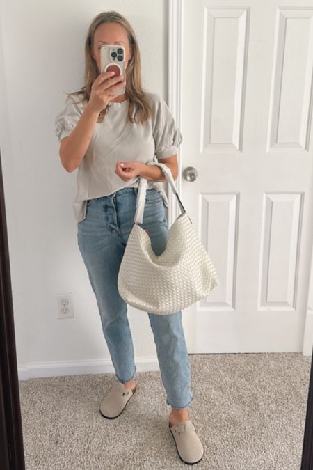 Casual early fall outfit Birkenstock lookalikes and woven bag favorite jeans neutrals for fall outfit inspo outfit ideas for casual style