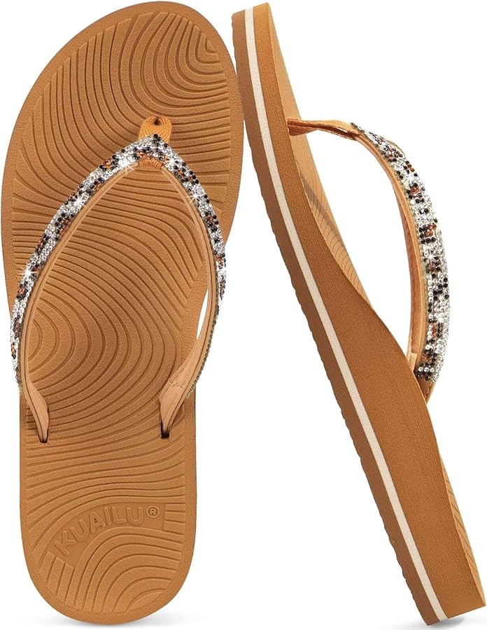 KuaiLu Women's Rhinestone Flip Flops with Comfort Arch Support Yoga Mat Cushion Sandals Fashion S... | Amazon (US)