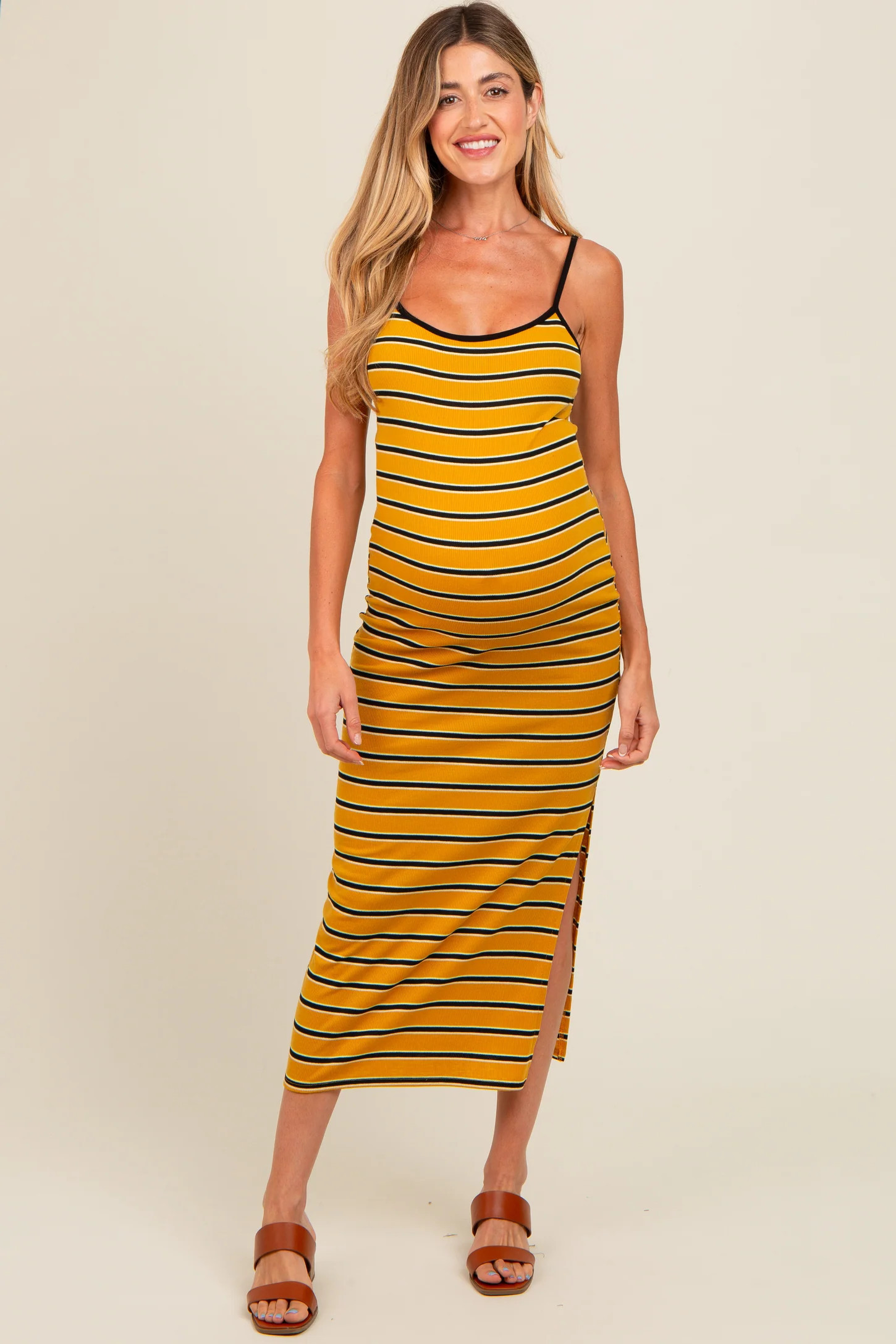 Yellow Striped Ribbed Side Slit Maternity Midi Dress | PinkBlush Maternity