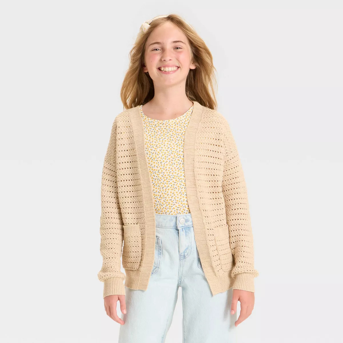 Girls' Pointelle Cardigan - Cat & Jack™ Heather Beige M | Target