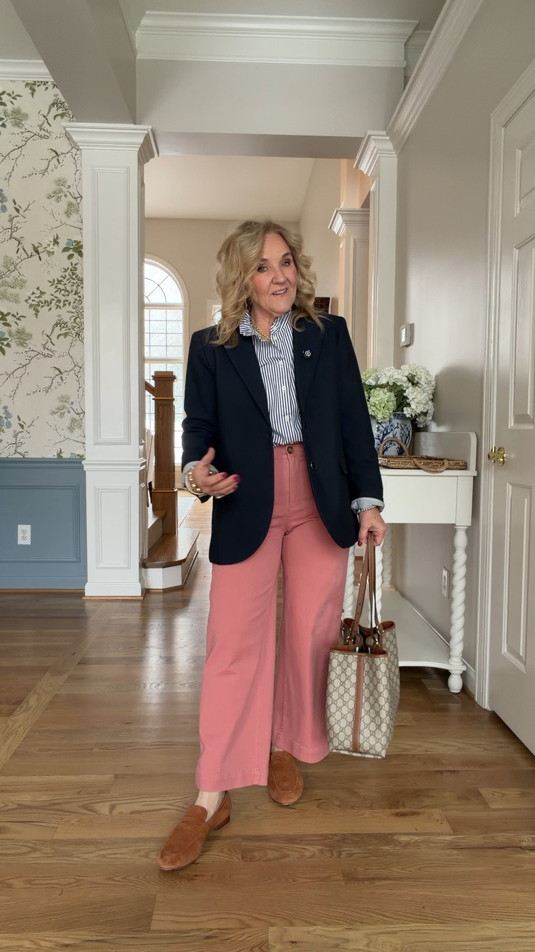 A few favorite pink styles 
Blouse size medium 
Jeans medium petite 
Quince cashmere burgandy size large 
Pale pink blouse medium 
Chambray skirt 8
Pink pants 6 reg 
Quince merino wool jacket medium 
Striped blouse medium 
Navy blazer 10 petite 
Pink cardigan medium 
Brown gingham blouse medium 
Ecru Jeans 29 petite 
Faux suede blazer medium petite size down if petite not avail 
Striped tee is fitted size medium 
Spanx barrel Jean medium petite 
Pink sneakers tts with socks 
Allie & Bess warehouse sale starts Wednesday 28th at 8 CST shop then! 

#LTKSaleAlert #LTKValentine #LTKOver40