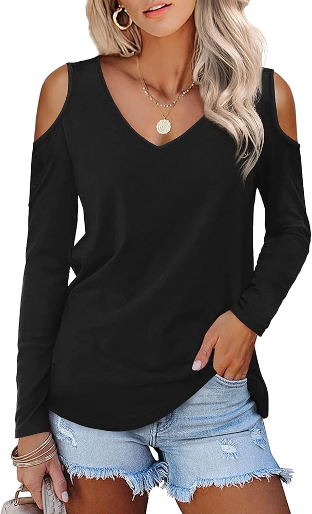 Amoretu Womens Short/Long Sleeve Cold Shoulder Basic Tee Tops Shirts | Amazon (US)