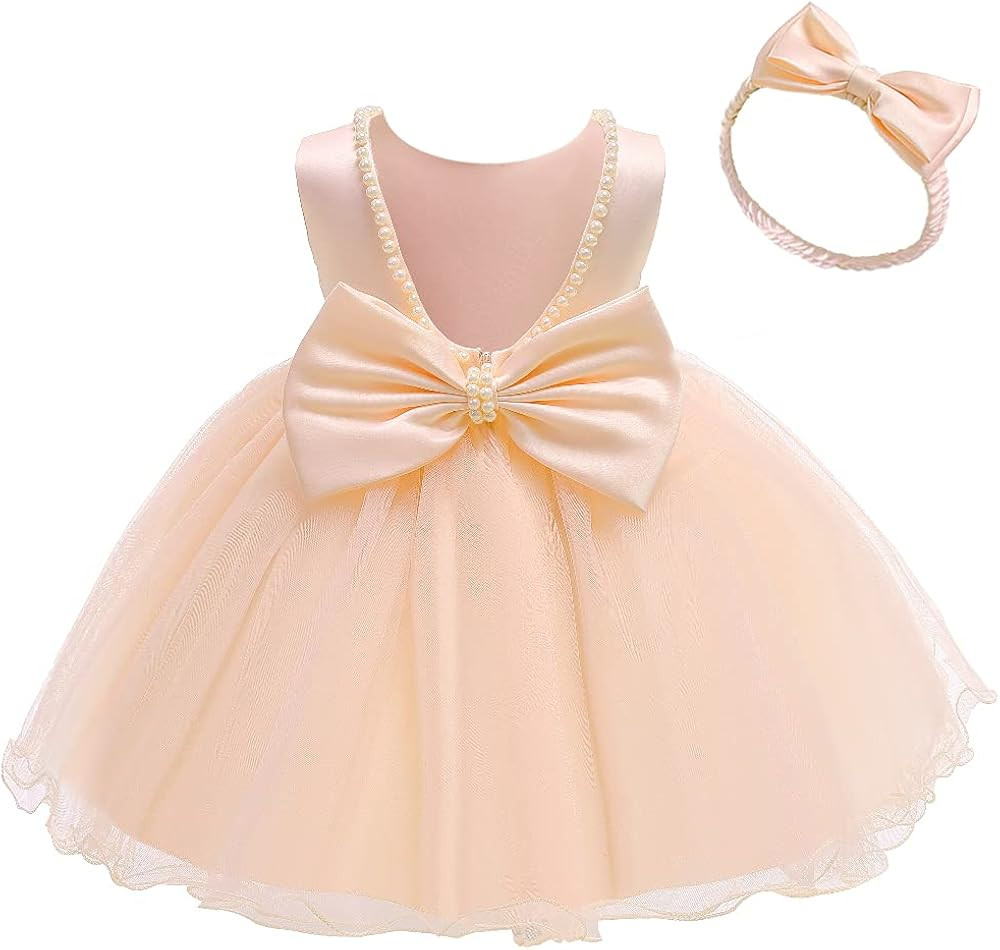 AVAZU 6M-6T Toddler Baby Girls Pearl Backless Big Bowknot Tutu Gown Party Wedding Ball Gown Princ... | Amazon (US)