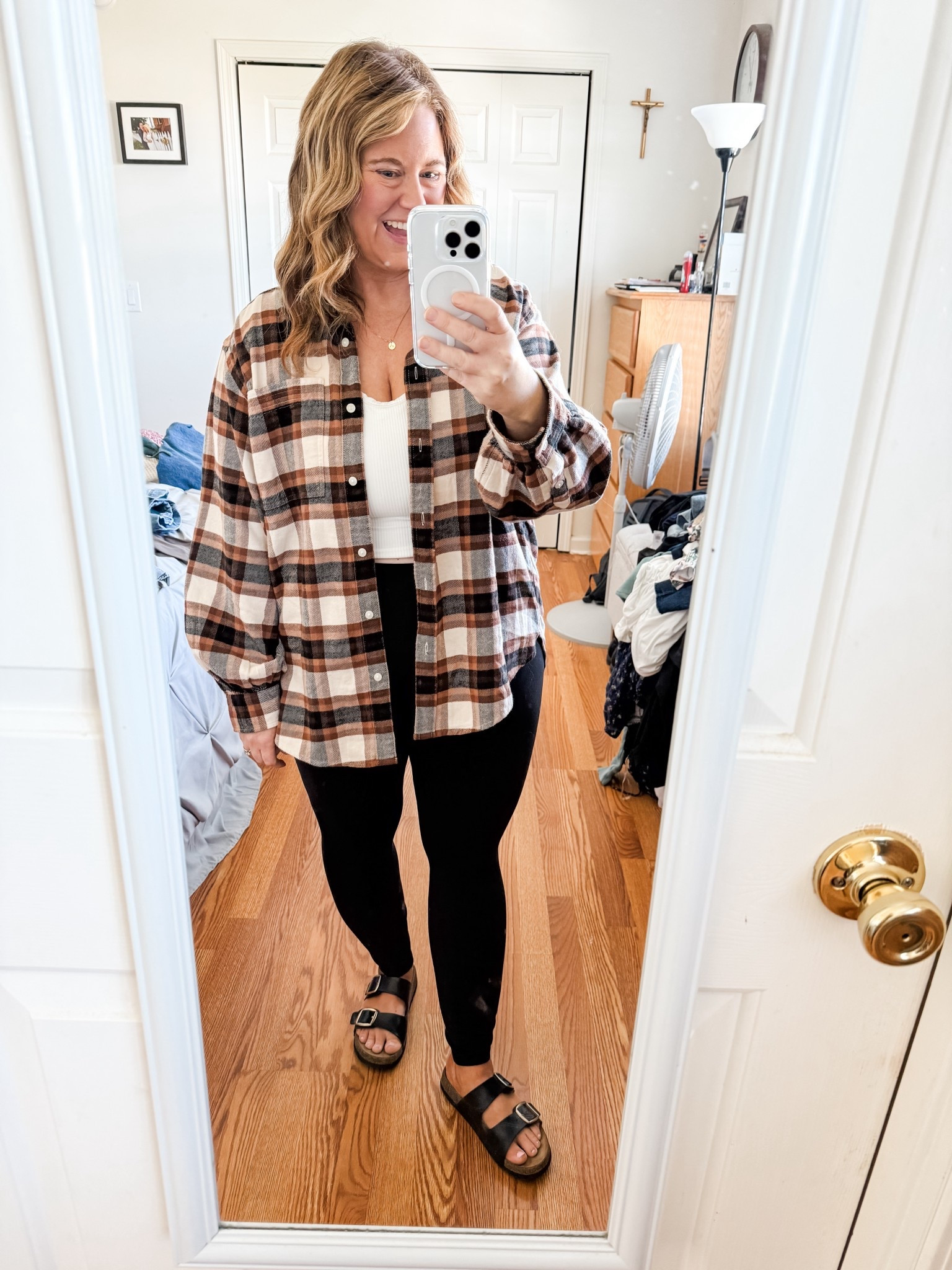 Wearing a medium in my flannel, XL in my leggings and tank 

#LTKMidsize #LTKSeasonal #LTKSaleAlert