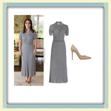 Princess Eugenie Gabriela Hearst Amor sweater dress and Rossi 105 heels in bisque suede 