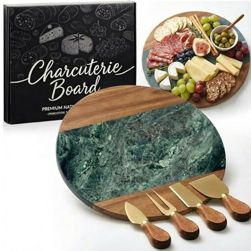 Marble and Acacia Wood Christmas Charcuterie Board Set with Cheese Knives Marble Cutting Board Acacia Cheese & Charcuterie Serving Platter Tray with Handle for Christmas Party Decorative Gifts(Round) | Amazon (US)