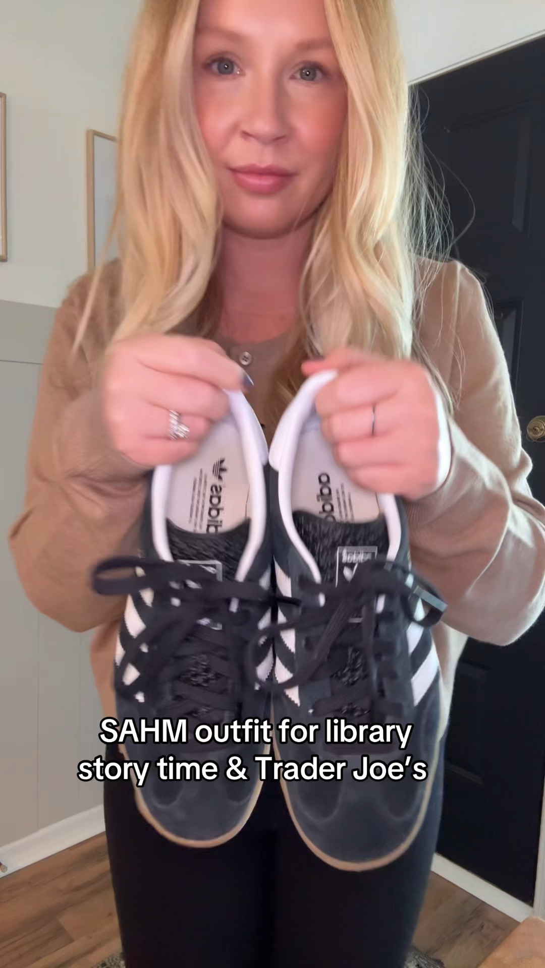 Mom outfit, adidas gazelle, target cardigan, target sweater 