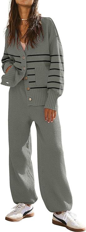 ETCYY NEW Women's 2 Piece Outfit Lounge Set Trendy Cardigan Sweater Pants Sets V Neck Button Pock... | Amazon (US)