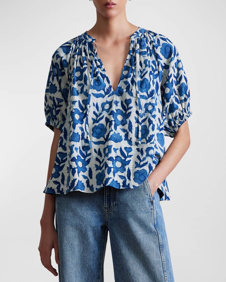 Apiece Apart Lumina Floral-Print Blouson-Sleeve Pullover | Neiman Marcus
