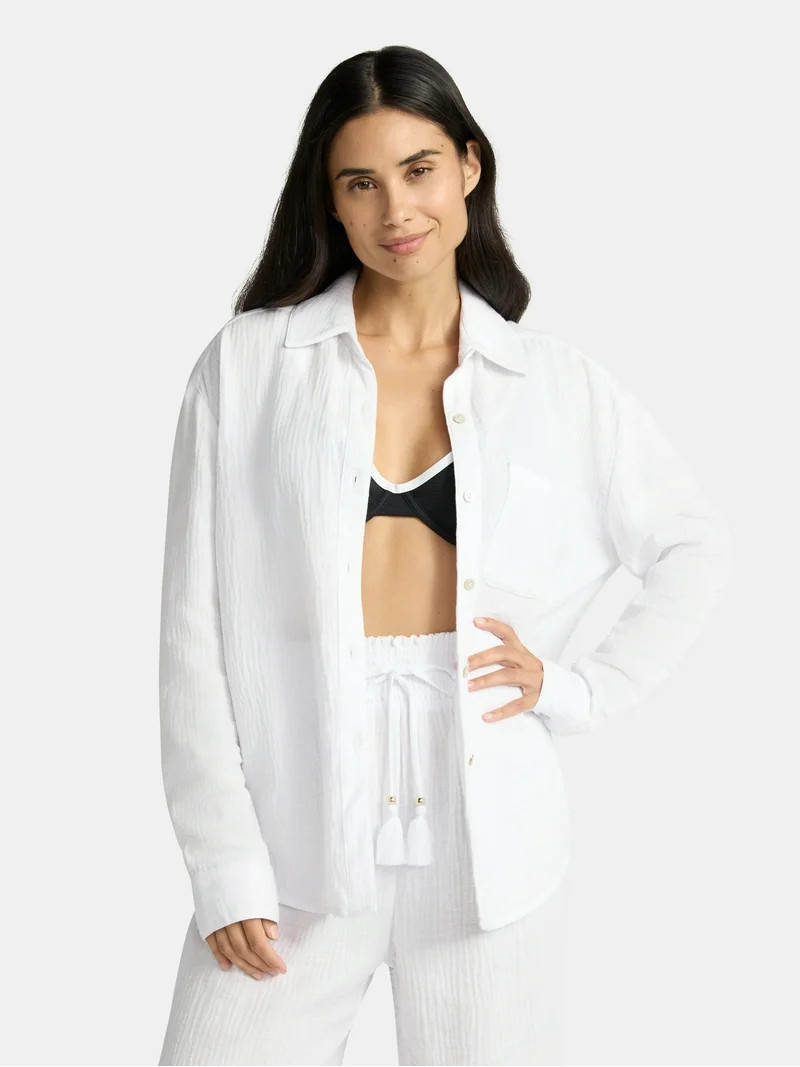 Time and Tru Women's and Women's Plus Cotton Button Up Coverup Shirt, Sizes XS-3X | Walmart (US)