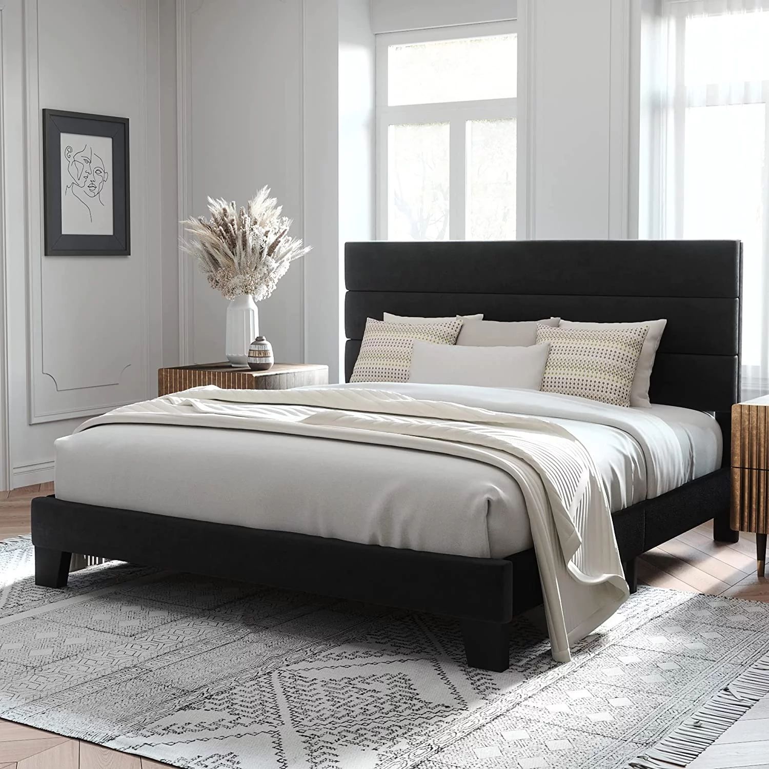 Allewie King Size Platform Bed Frame with Velvet Headboard/Fully Upholstered Mattress Foundation,... | Walmart (US)