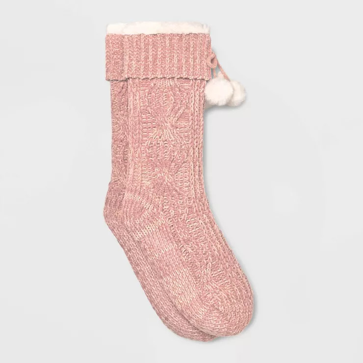 Women's Two-Tone Cable Chenille Faux Shearling Lined Slipper Socks with Faux Fur Poms & Grippers ... | Target