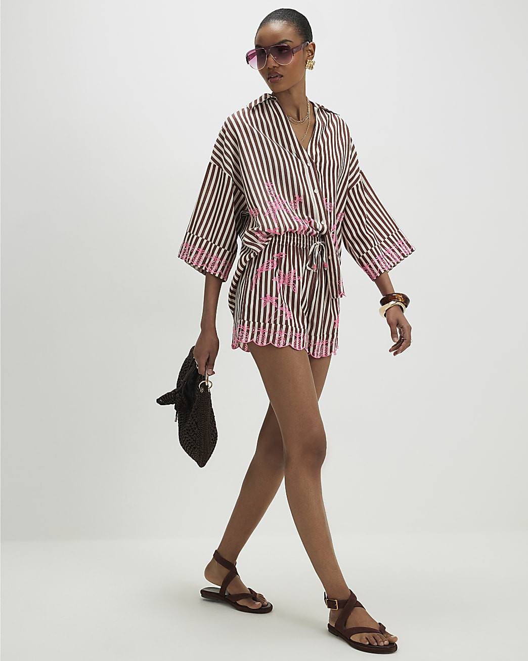 Brown Stripe Embroidered Toucan Shorts | River Island UK & IE