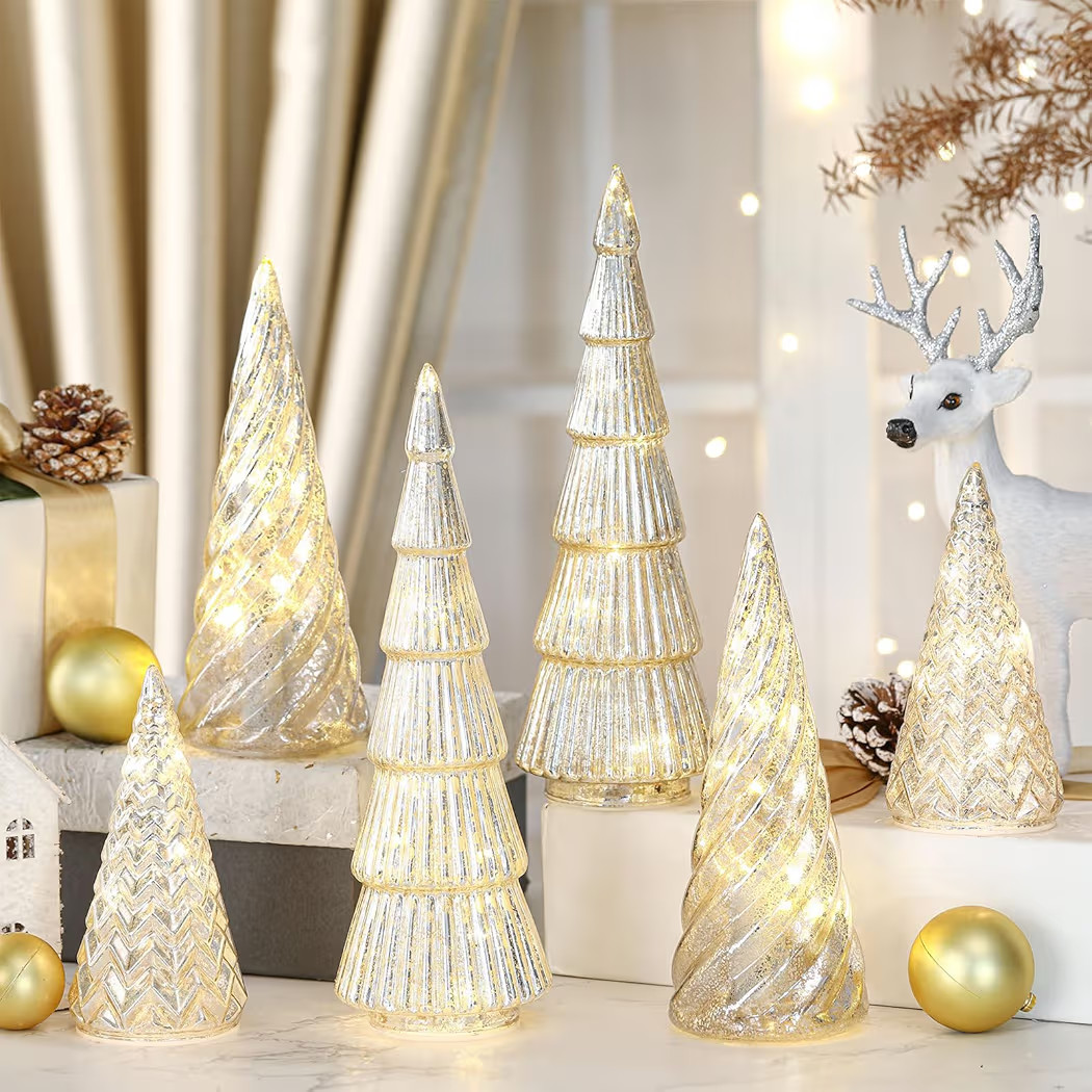 6 Pcs Mercury Glass Christmas Tree Silver Plate Glass Figurines with LED Fairy Lights 11 in Tall ... | Amazon (US)