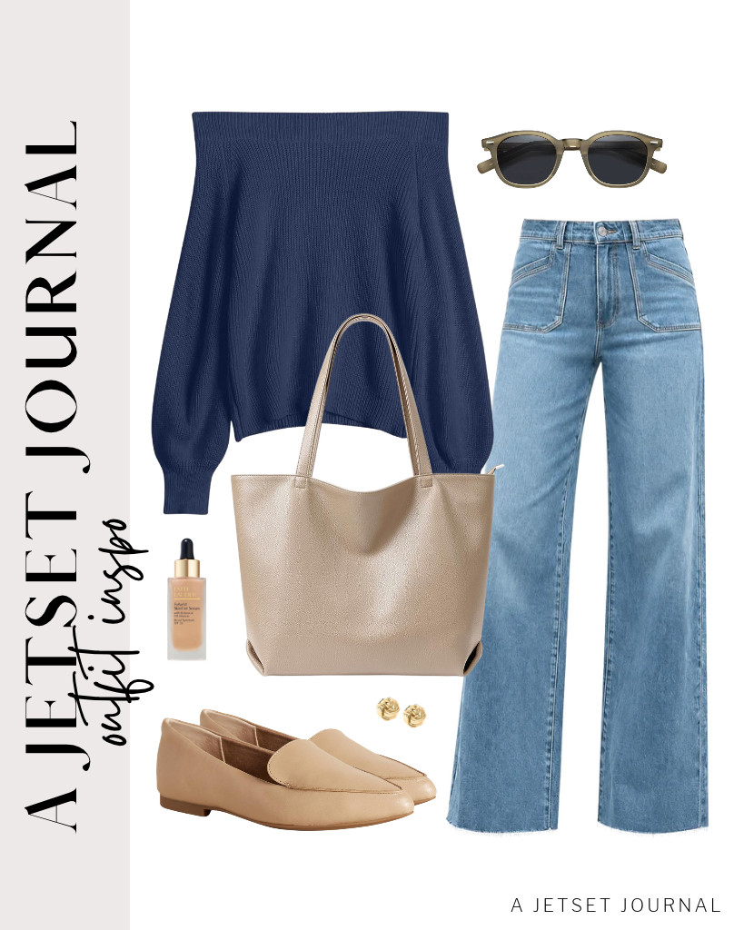 The last outfit is a combination of a navy ZAFUL off-shoulder knit sweater top and wide-leg straight jeans from Cicy Bell. You can step into these Amazon Essentials loafers and use a WLLWOO soft vegan leather tote bag to style the fit. For your accessories, these SOJOS retro square sunnies and PAVOI love-knot stud earrings match the look. 

 #LTKSeasonal #LTKSaleAlert #LTKTravel