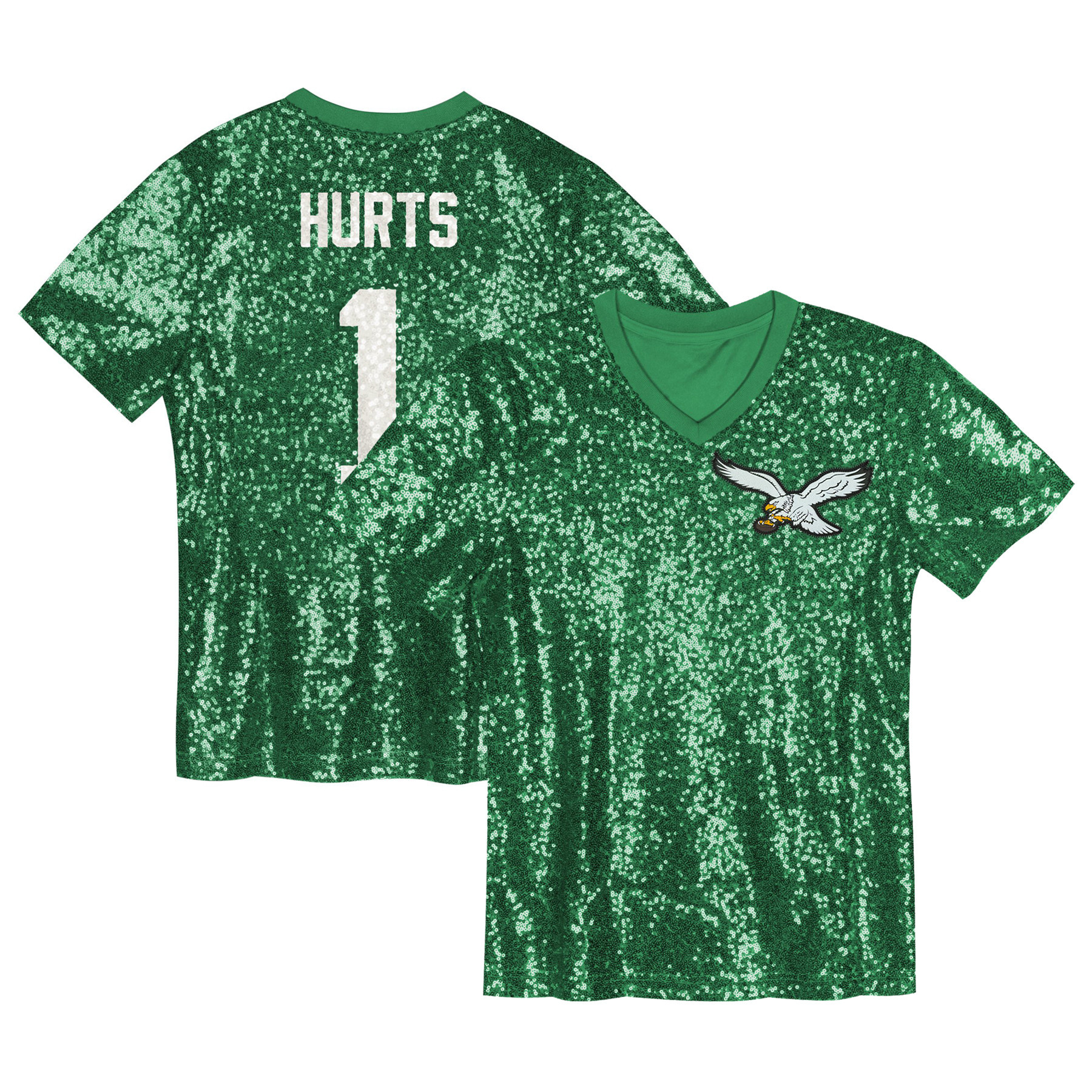 Girls Youth Jalen Hurts Kelly Green Philadelphia Eagles Sequin V-Neck Fashion Jersey | Fanatics