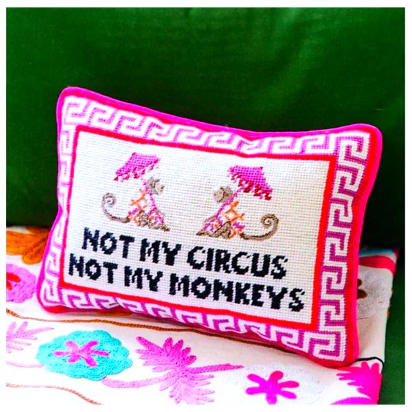 Needlepoint “Not My Circus, Not My Monkeys” Pillow with Velvet Back | James Ascher