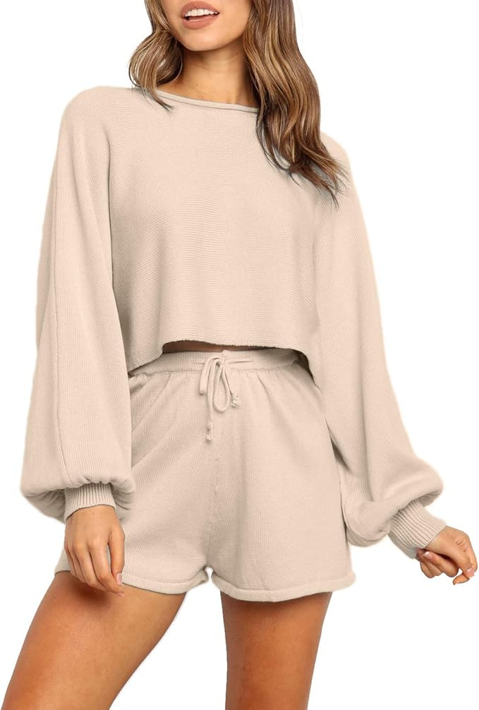 Women's Pullovers Sweater Leopard Sweatsuit Casual Long Sleeve Knit 2 Piece Short Sweater Crop To... | Amazon (US)