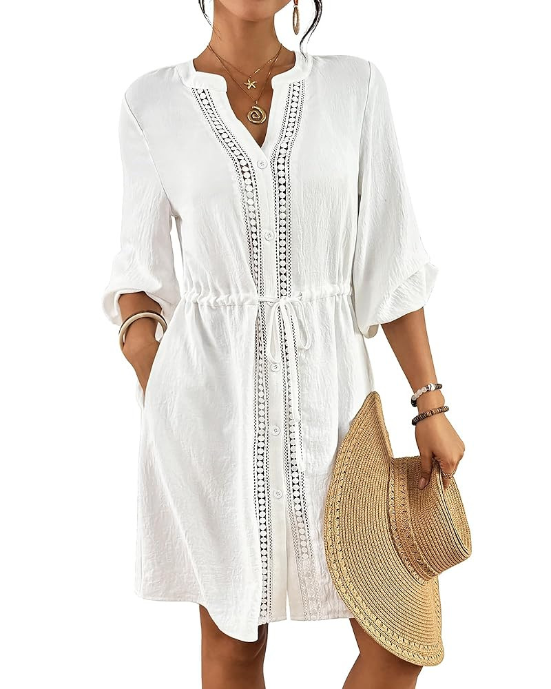 Bsubseach Swimsuit Coverup for Women V Neck Bathing Suit Cover Up with Pocket Drawstring Button D... | Amazon (US)