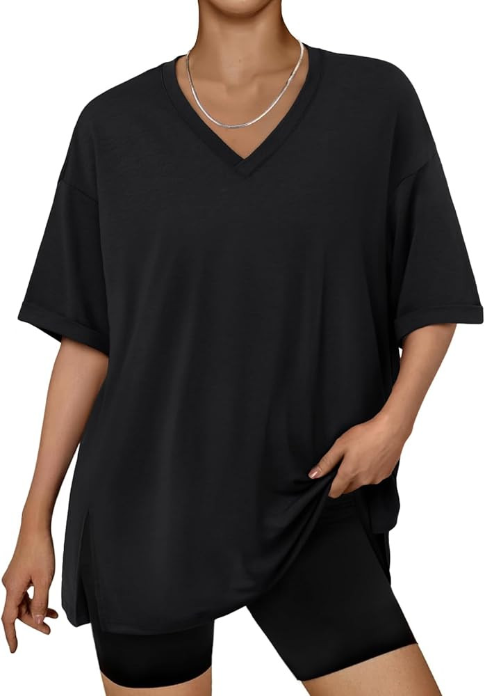 Trendy Queen Oversized Tshirts for Women Workout Plus Size Tops V Neck Short Sleeve Gym Shirts Ca... | Amazon (US)