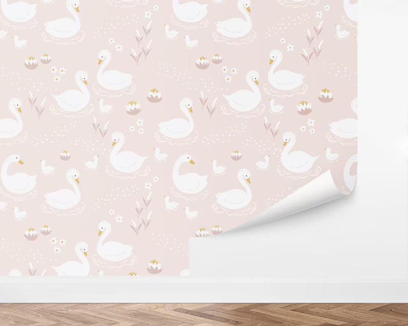 Custom Kids Peel and Stick Wallpaper, Removable Wallpaper - Swans on the Lake Wallpaper by Love V... | Etsy (US)