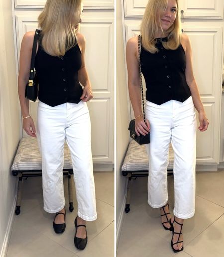 Black vest top
White jeans 
White denim

Summer outfit 
Summer jeans
Vacation outfit
Vacation 
Date night outfit
#Itkseasonal
#Itkover40
#Itku

#LTKShoeCrush #LTKFindsUnder100