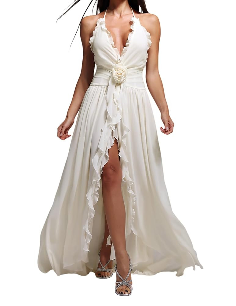 BELLA BARNETT Halter Strap Deep V Alluring Flower Accented Ruffle Hem Chiffon Dress Slit Front We... | Amazon (US)