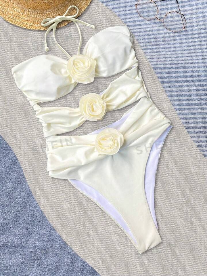 Bikinx Monochrome Halter Neck 3d Flower Decoration Sexy One-piece Swimsuit | SHEIN