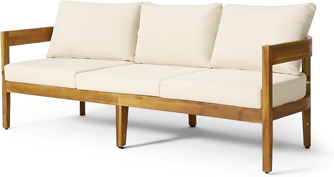 Christopher Knight Home Brooklyn Outdoor 3 Seater Sofa with Cushions - Acacia Wood - Teak/Beige | Amazon (US)