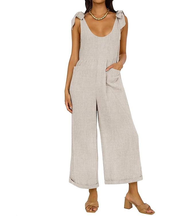 ZESICA Women's Summer Loose Sleeveless Jumpsuits Linen Adjustable Straps Oversized Wide Leg Long ... | Amazon (US)