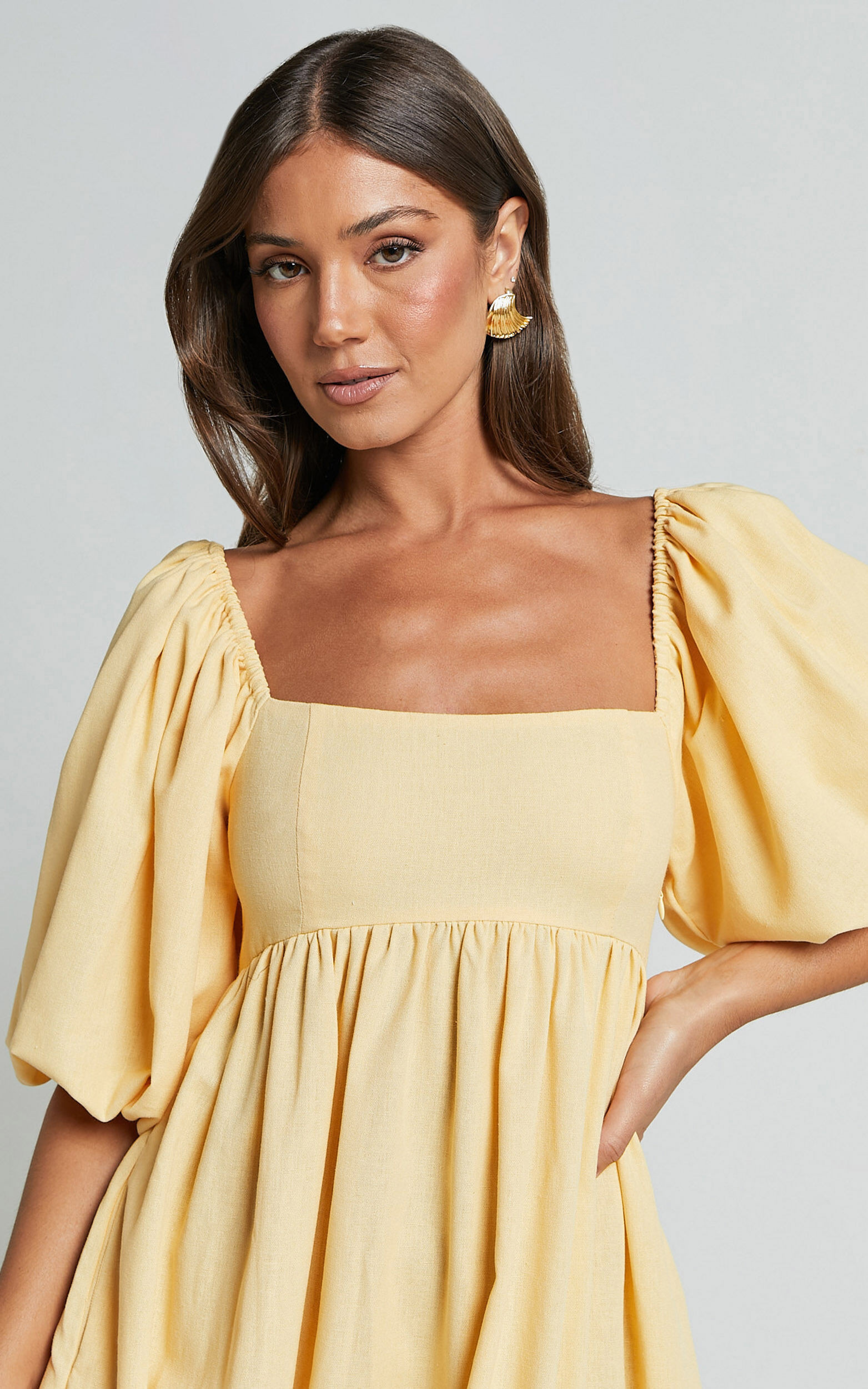 Cenia Midi Dress - Linen Look Straight Neck Shirred Back Puff Sleeve Dress in Lemon | Showpo (US, UK & Europe)