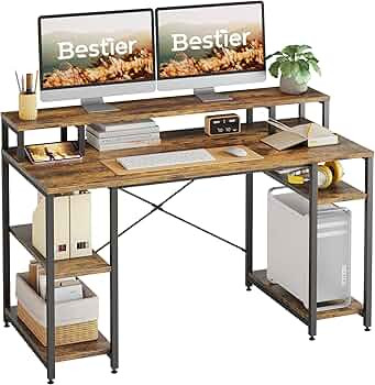 Bestier Computer Desk with Monitor Shelf, 55 Inches Gaming Desk with Shelves Writing Desk with St... | Amazon (US)
