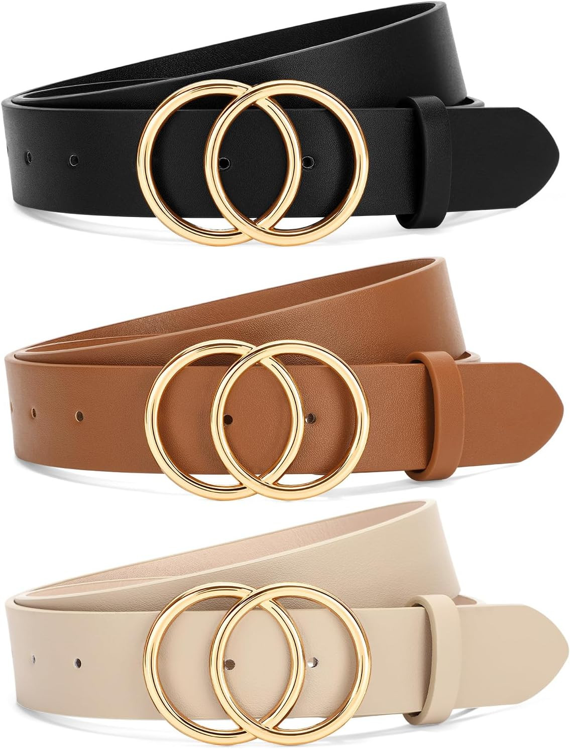 3 Pack Women Waist Belts for Jeans Pants Dresses, Ladies Belt with Double O-Ring Gold Buckle | Amazon (US)