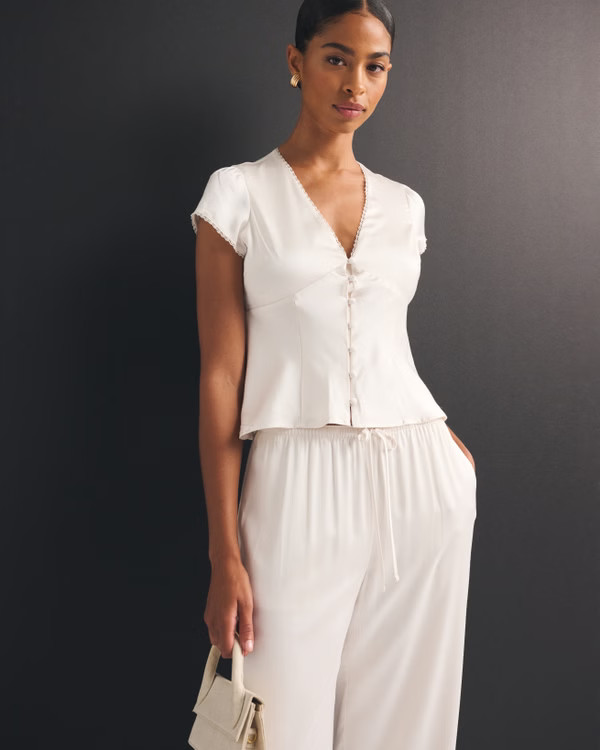 Lace-Trim Satin Button-Up Blouse | Abercrombie & Fitch (US)
