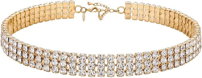 Zealmer 3 Row Rhinestone Choker Necklace for Women 18K Gold Plated¡­ | Amazon (US)
