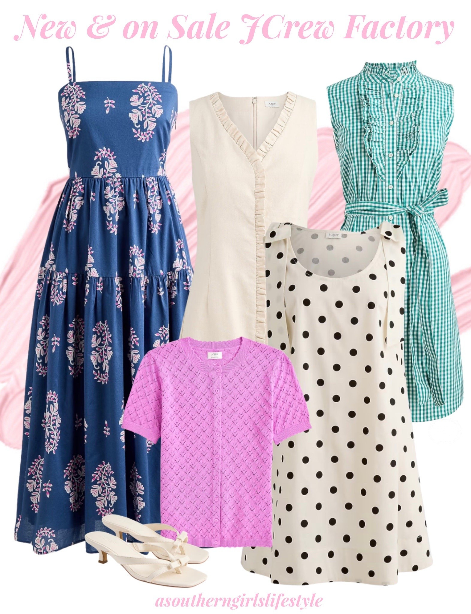 New & on Sale JCrew Factory- summer dresses that will work right into Fall 

Blue with Pink Strappy Midi Dress, Ivory Ruffle Edge Button Front Linen Dress (also comes in Black), Polka Dot Tie Shoulder Dress (also comes in Navy), Green Gingham Ruffle Tie Waist Shirtdress (also comes in Chambray), Short Sleeve Pointelle Sweater & Ivory Bow Kitten Heels

Preppy Style. Summer Outfits over 40. Vacation Outfits Beach #LTKPetite

#LTKSeasonal #LTKSaleAlert #LTKootd