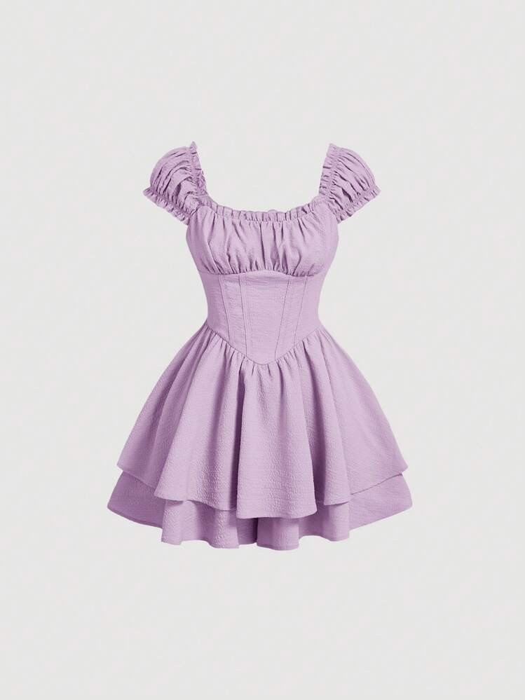 SHEIN MOD Solid Frill Trim Ruched Bust Ruffle Hem White Cap Sleeves Double Hem Skort Romper | SHEIN