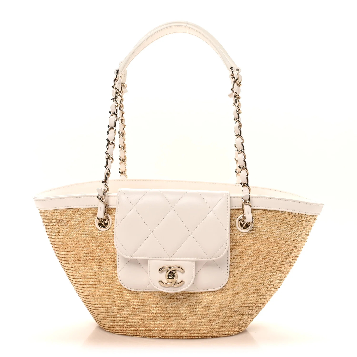 Chanel Raffia Braided Lambskin Small Shopping Tote Beige White 1862650 | FASHIONPHILE (US)