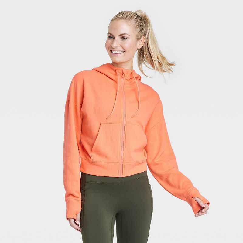 Women's Ribbed Fleece Cropped Hooded Sweatshirt - All in Motion™ | Target