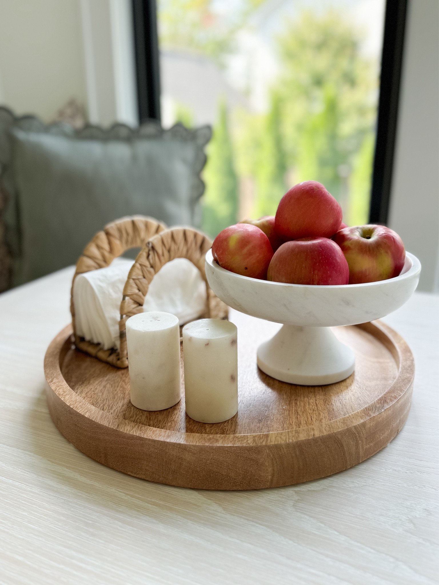 Kitchen table centerpiece. Kitchen table styling, marble bowl from Walmart with apples, woven napkin holder from Walmart, designer look for less

#LTKHome #LTKStyleTip #LTKSaleAlert