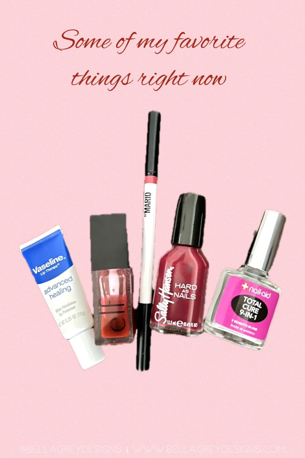 These are some of my favorite things right now as fall is around the corner. Burgundy/maroon is really hot right now and this nail color and lip stain are fabulous.

BellaGrey Designs
Favorite things
Beauty items
Lip color
Lipstick
Lip stain
Burgundy
Maroon
Nail polish
Lip protectant
Lip liner
Nail aid