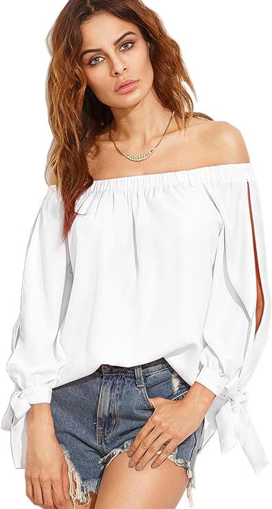 SheIn Women's Off Shoulder Slit Sleeve Tie Cuff Blouse Top | Amazon (US)