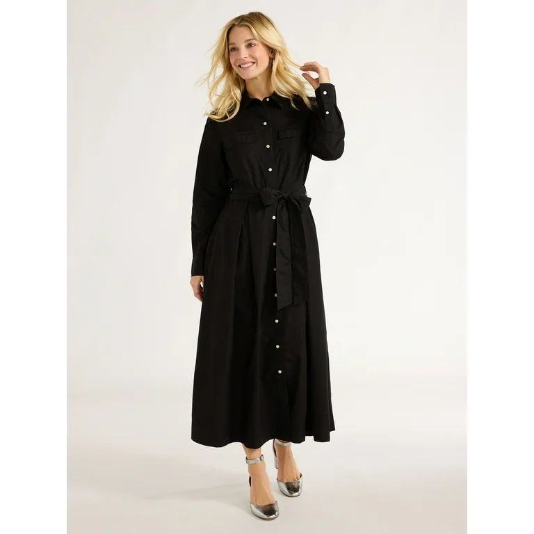 Free Assembly Women’s Cotton Maxi Shirtdress with Long Sleeves, Sizes XS-XXL | Walmart (US)