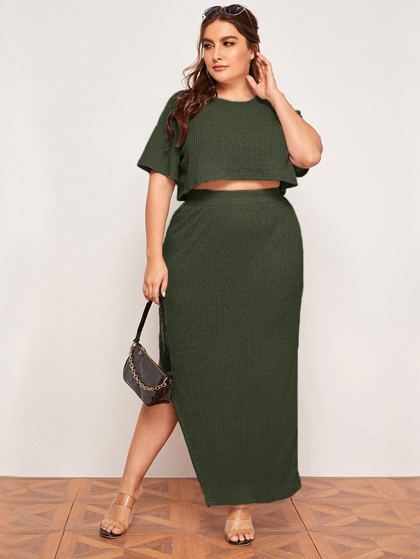 Plus Rib-knit Solid Crop Tee & Slit Skirt | SHEIN