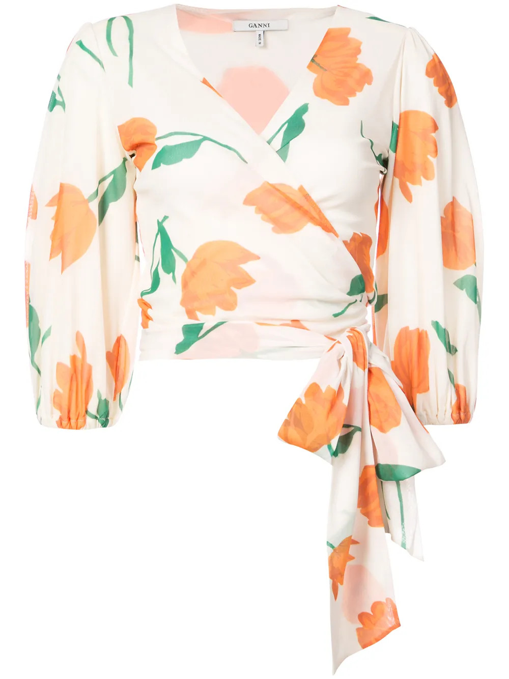 Ganni floral wrap blouse - White | FarFetch Global